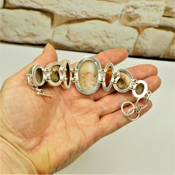 Rare Multi Stone 925 Silver Link Toggle Bracelet With Amber Ammonite Druzy MOP - Picture 10 of 16